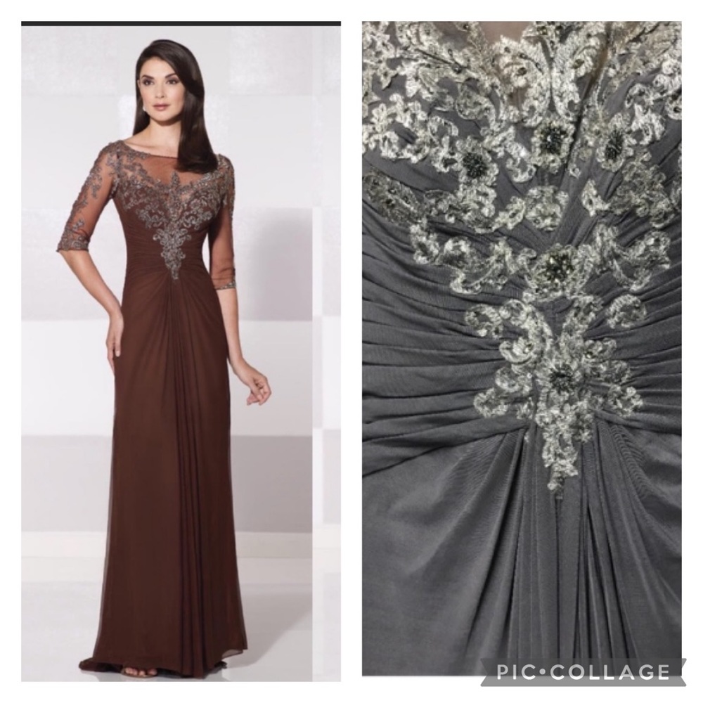 Cameron Blake pewter for Mon Cheri formal gown